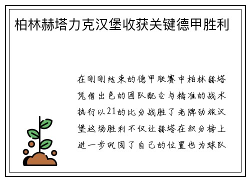 柏林赫塔力克汉堡收获关键德甲胜利