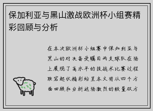 保加利亚与黑山激战欧洲杯小组赛精彩回顾与分析