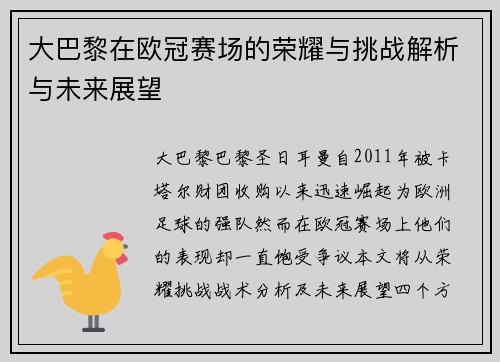 大巴黎在欧冠赛场的荣耀与挑战解析与未来展望