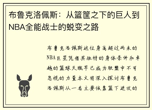 布鲁克洛佩斯：从篮筐之下的巨人到NBA全能战士的蜕变之路