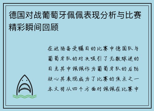 德国对战葡萄牙佩佩表现分析与比赛精彩瞬间回顾