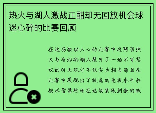 热火与湖人激战正酣却无回放机会球迷心碎的比赛回顾