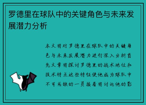 罗德里在球队中的关键角色与未来发展潜力分析