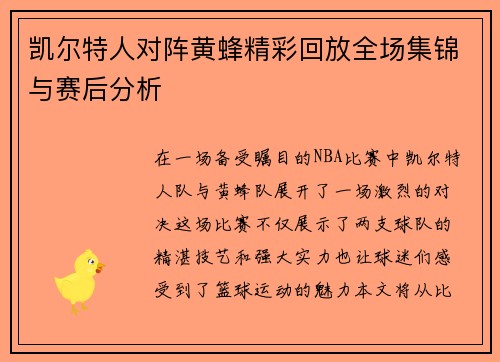 凯尔特人对阵黄蜂精彩回放全场集锦与赛后分析