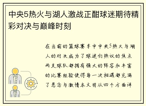 中央5热火与湖人激战正酣球迷期待精彩对决与巅峰时刻