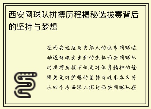 西安网球队拼搏历程揭秘选拔赛背后的坚持与梦想