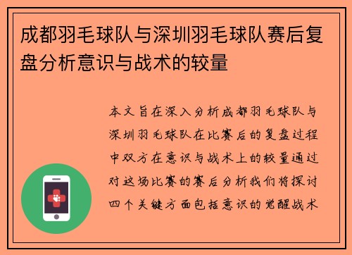 成都羽毛球队与深圳羽毛球队赛后复盘分析意识与战术的较量