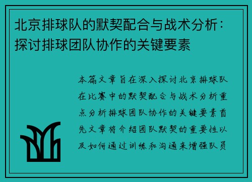 北京排球队的默契配合与战术分析：探讨排球团队协作的关键要素