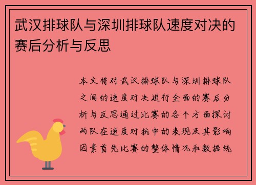 武汉排球队与深圳排球队速度对决的赛后分析与反思