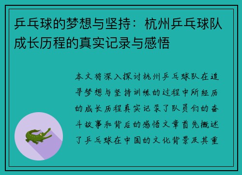 乒乓球的梦想与坚持：杭州乒乓球队成长历程的真实记录与感悟